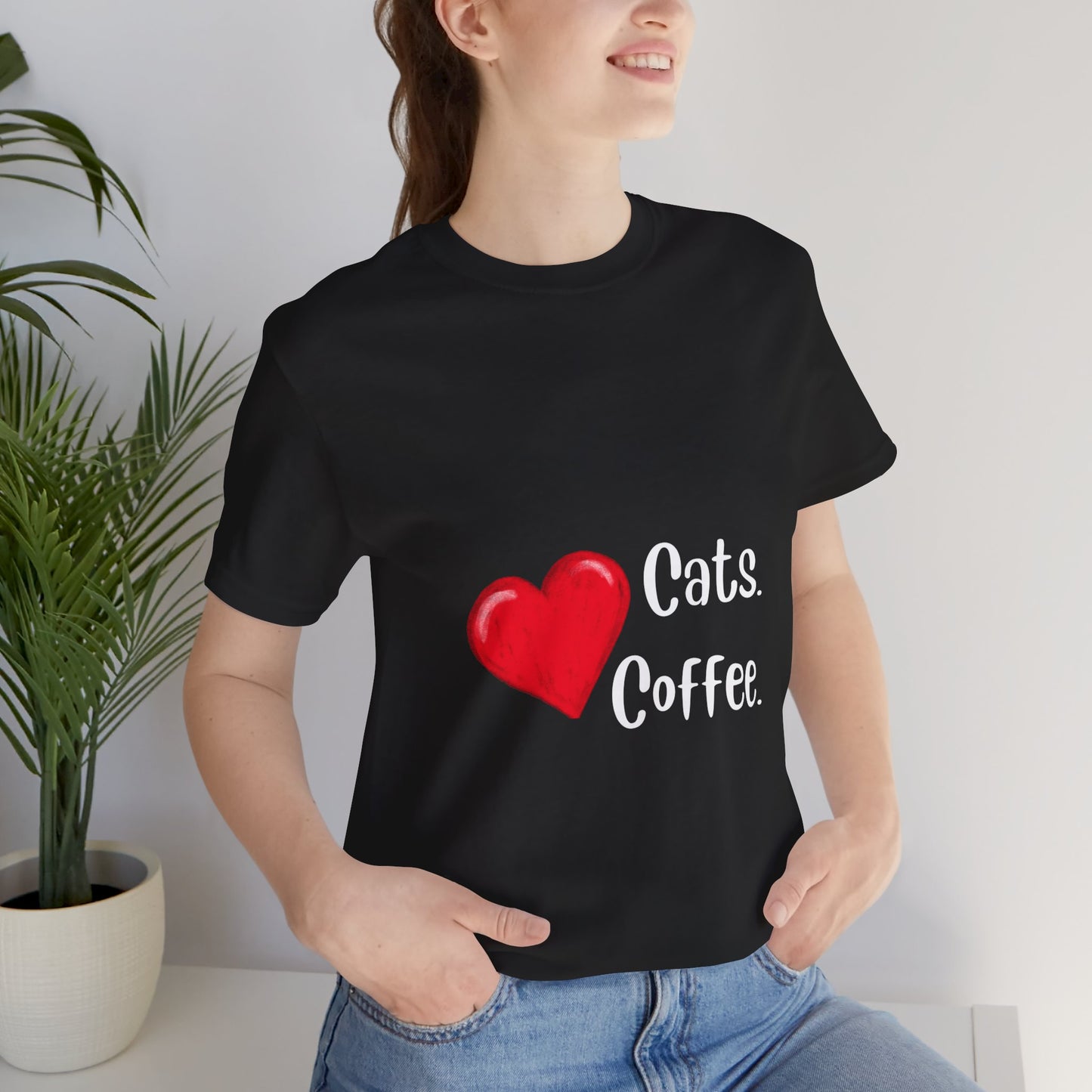 Unisex Crew Neck T-Shirt with Heart Cats Heart Coffee Print - Express Delivery available