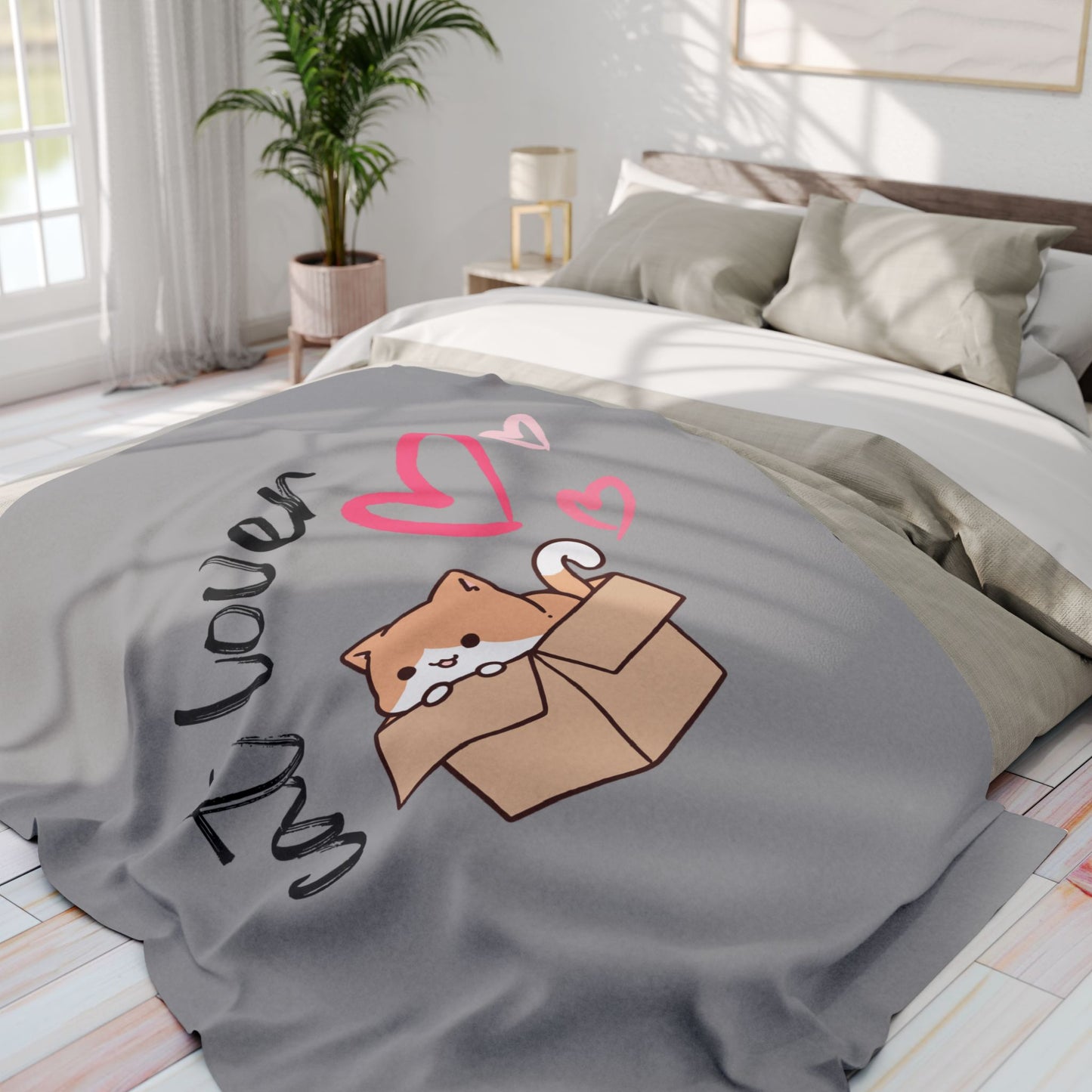 Printed Arctic Fleece Blanket - Cat Lover print on grey blanket