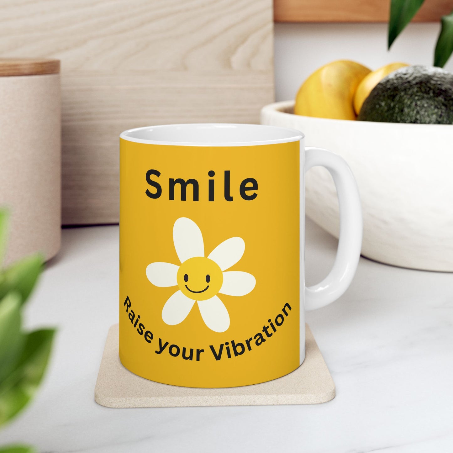 Smile Raise Your Vibration Coffee Mug in Yellow - Gloss Ceramic Mug