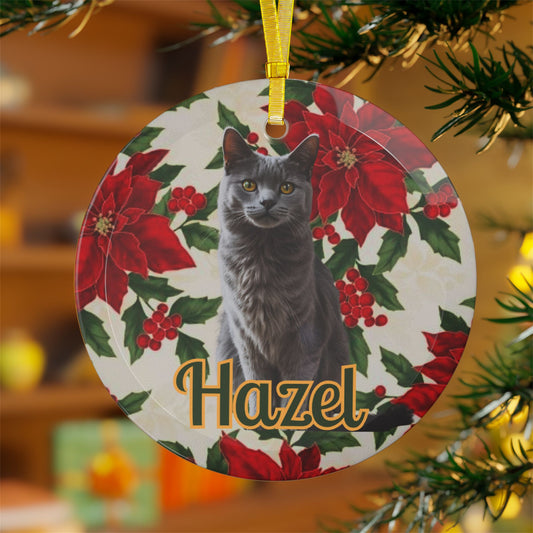 Personalised Grey Cat Glass Christmas Ornament